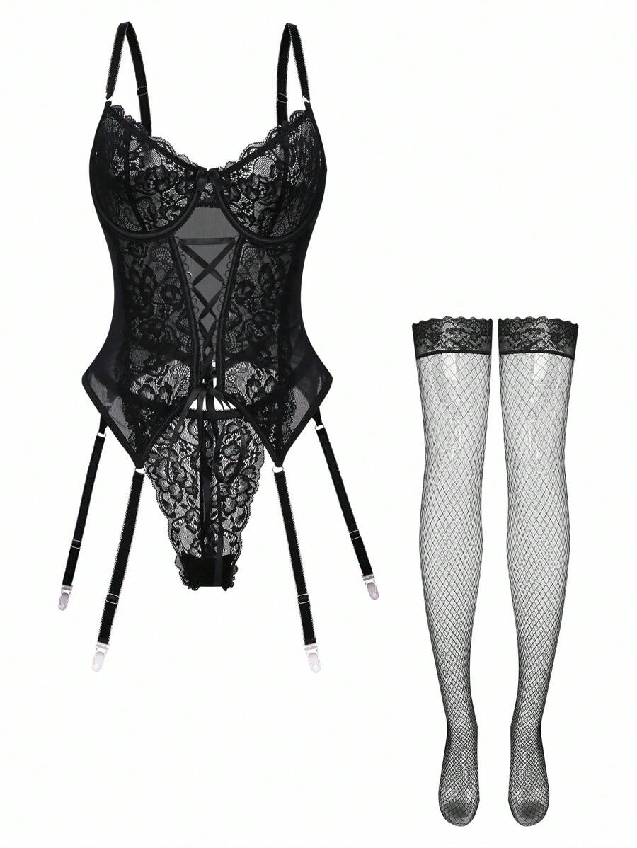 Conjunto Lingerie Corpete em Renda Sexy